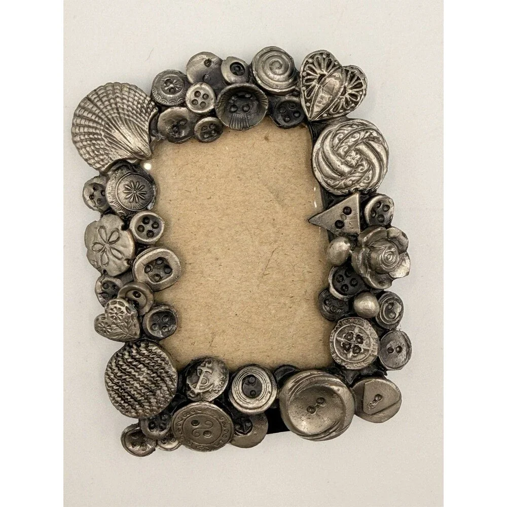 Vintage Pewter Button Picture Frame 4.25x3.5